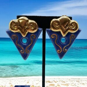 Geometric Abstract Earrings Clip On Terracotta Clay Handpainted‎ Large Blue Gold